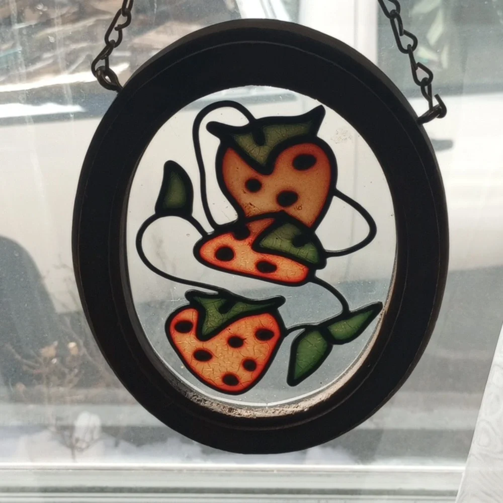 Vintage Stained Glass Strawberry Art Decor. Red Green Brown - Picture 1 of 6